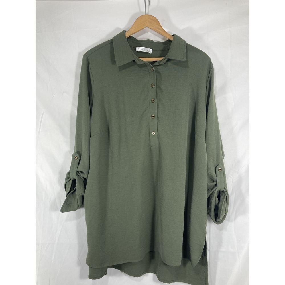 Retrology Women's Sz Large Olive Green Sheer Blouse Button Up Shirt Long Sleeve,